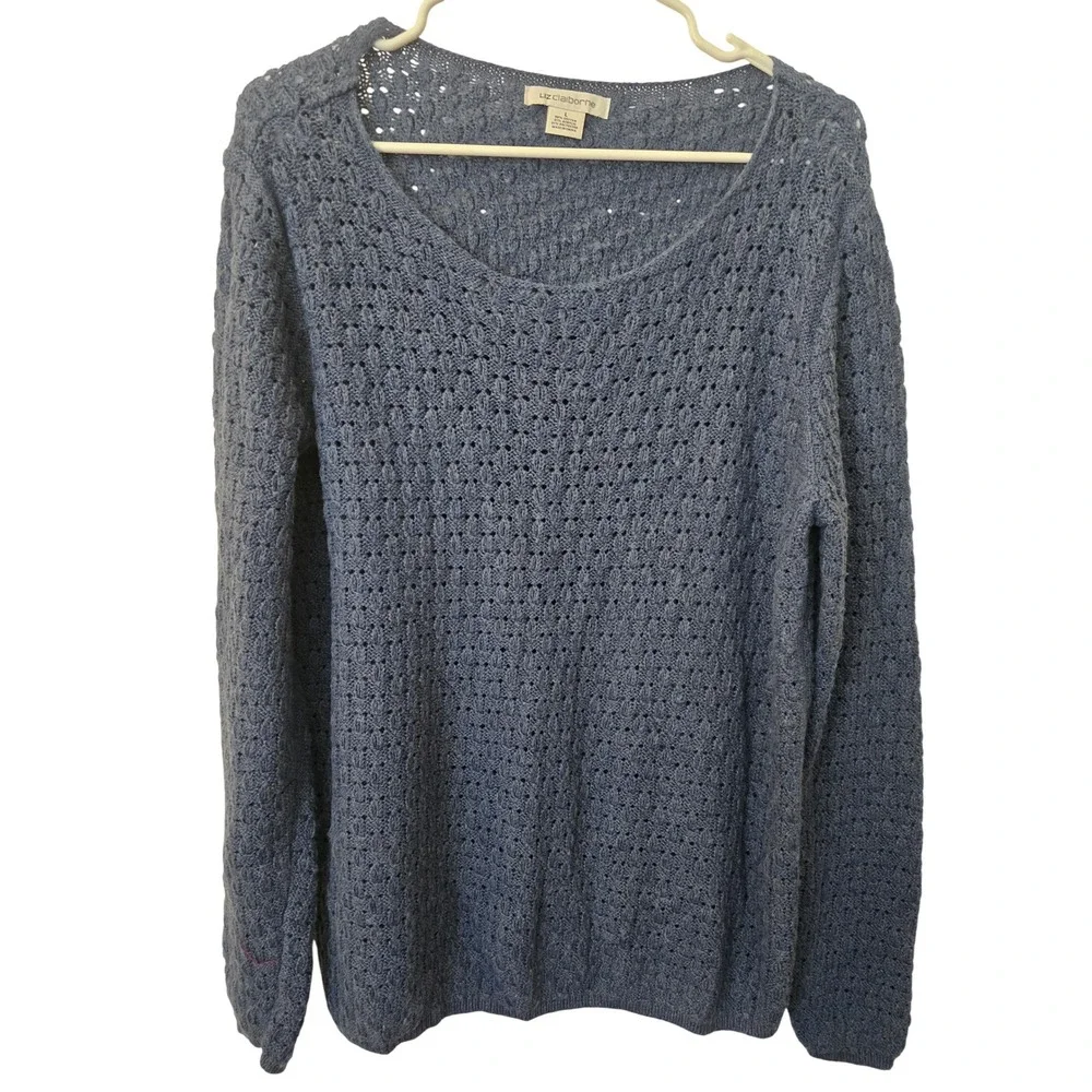 Liz Claiborne Blue Pointelle Knit Scoop Neck Long Sleeve Sweater Large